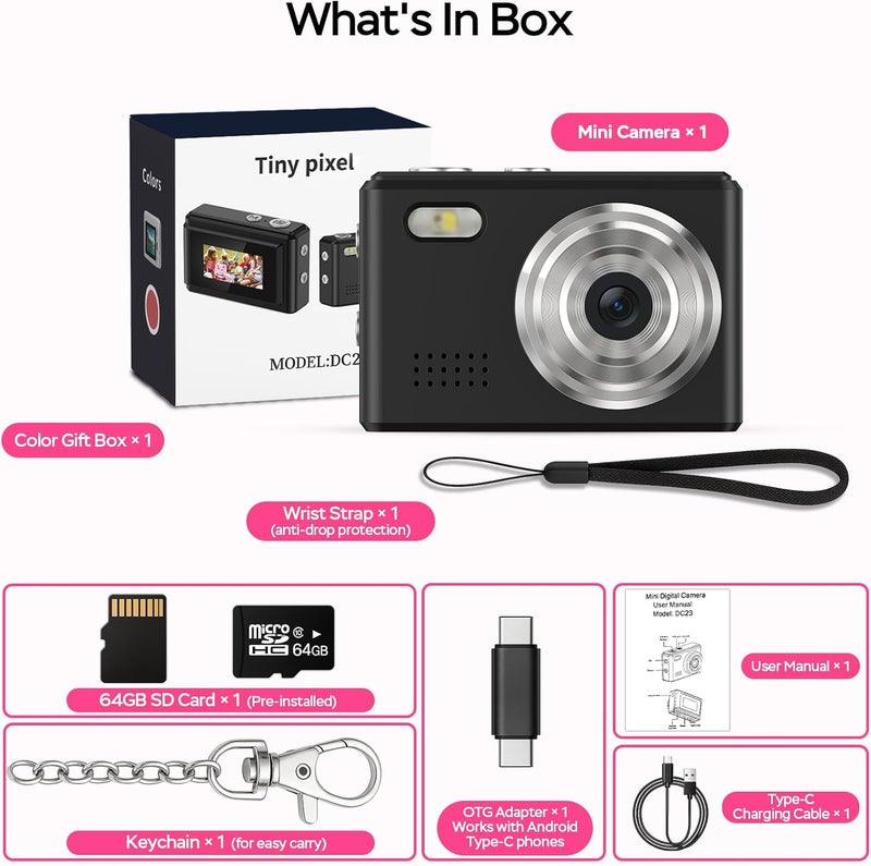 Dienspeak Mini Camera 1080P HD Video Recorder - Keychain Digital Camcorder with 64GB Card, 0.96" HD Display, Long Battery Life, Ultra-Portable Tiny Camera for Travel/Vlog/Night Shots, Black - Image 2